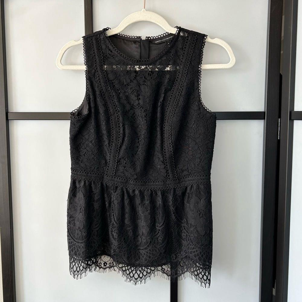[0] White House Black Market Black Square Neck Black Lace Sleeveless Blouse Tank